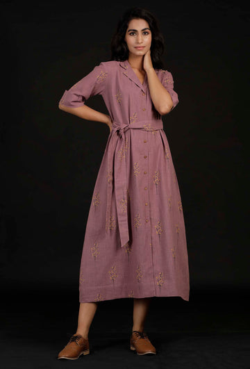 Ahana Violet Block Print Belt Cotton Dress